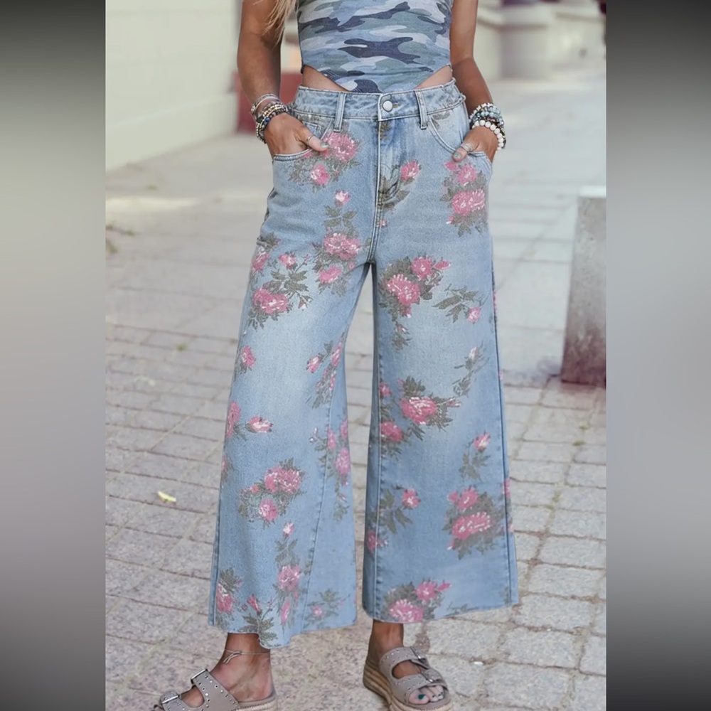 Floral Wide-Leg Women’s Jeans - Pink on Light Blue